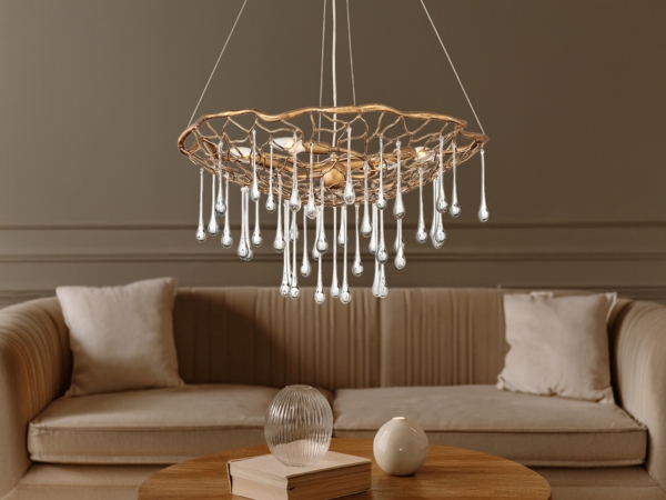 Ausgefallene LED Pendelleuchte Gold matt mit Glas Behang Ø 66cm