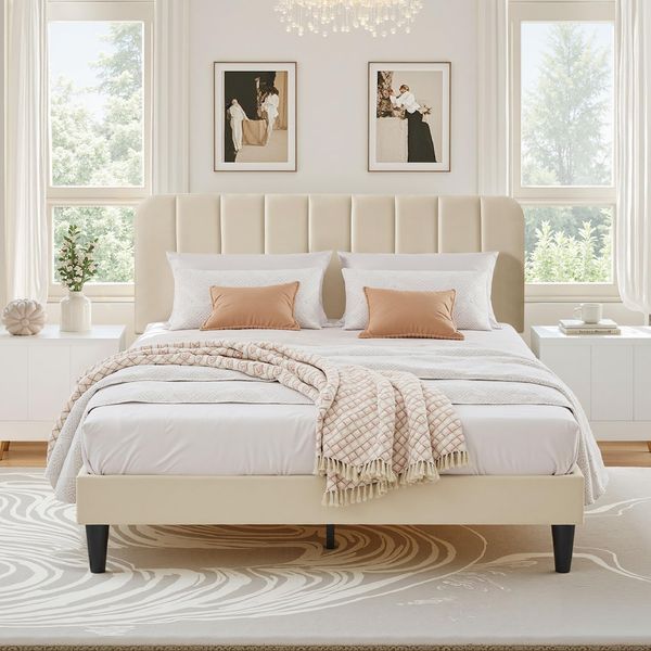 VECELO Polsterbett 140x200 cm, Doppelbett mit Höhenverstellbarem Kopfteil, Samtbezug und Stabiler Lattenrost, Geräuschfrei, Einfache Montage, für Schlafzimmer und Gästezimmer, Beige