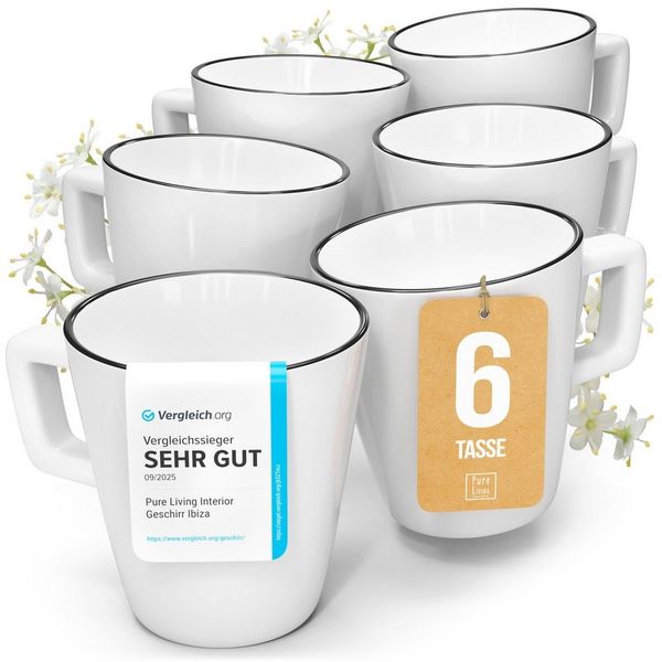 PURE LIVING INTERIOR DESIGN Geschirr-Set Pure Living Becher 6er 460ml »Scandi«, Porzellan weiß, 6 Personen, Porzellan, Zeitloses skandinavisches Design, Eleganter schwarzer Rand, Minimalis…
