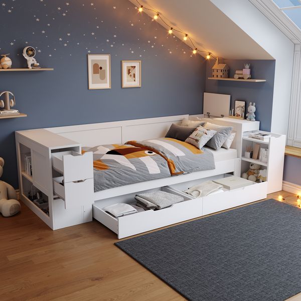 Kinderbett, Einzelbett, 90 x 190 cm, multifunktionales Kinderbett mit Schubladen und Stauraum, Matratze nicht im Lieferumfang enthalten, Weiß.