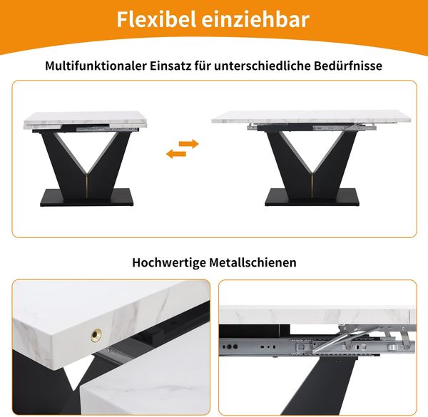 Ausziehbarer Esstisch 99–159 cm, Esstafel mit Marmoroptik Tischplatte, Spanplatte Tisch mit V-Beinen für Esszimmer Bild 5