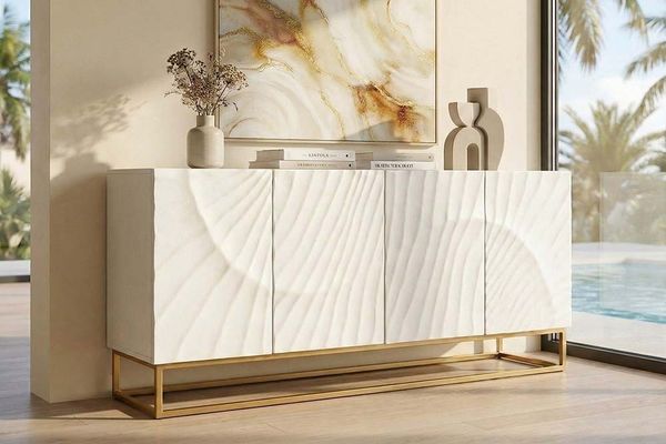 riess-ambiente Sideboard SCORPION 180cm weiß/gold - Mangoholz, Metall, 3D-Schnitzerei, Anrichte, Massivholz-Kommode mit 4 Fächern - ideal für Wohn- und Esszimmer
