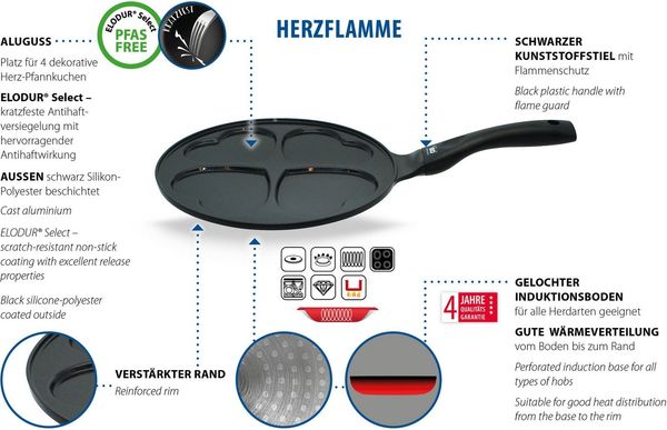 Elo Basic Crêpepfanne Blini, Herzpfanne 26 cm, Aluminiumguss (1-tlg), für 4 Herz-Pfannkuchen