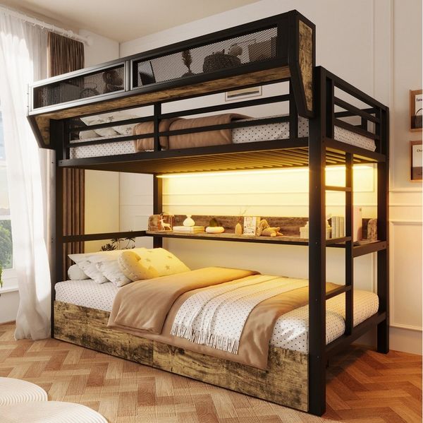 Flieks Etagenbett, Metallbett 90x200 cm mit Schubladen LED-Beleuchtung Aufbewahrungskorb