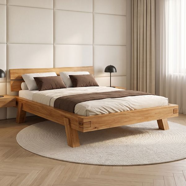 skølm 'Hervar' Bett 140x200 cm, hochwertiges Bettgestell aus massiver Eiche, Bettkopf 2 Streben, Massivholzbett lackiert, mit Holzfüßen, geeignet als Doppelbett