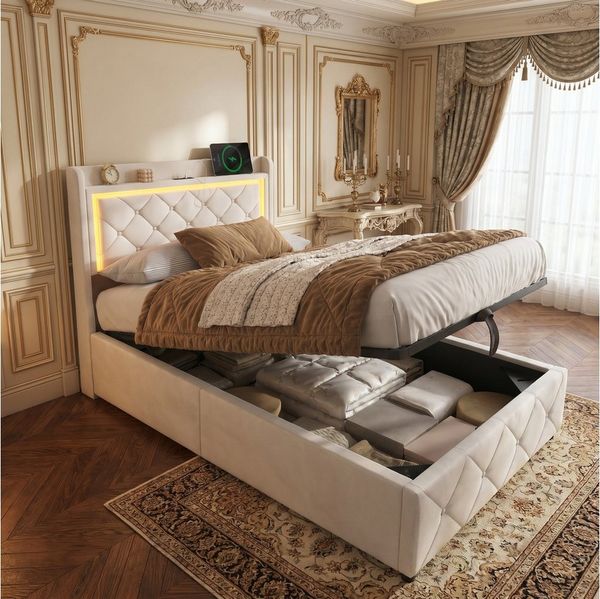 Gdood Stauraumbett Polsterbett Doppelbett LED, Samtstoff (1-tlg, Mit Lattenrost und Ladefunktion, Leinenmaterial Polsterbett), Modernes Jugendbett, Leises Design Bett, Max. Belastbarkeit 350 kg