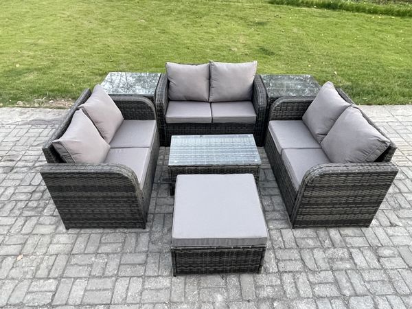 Fimous Gartenmöbel-Sets 7-Sitzer Polyrattan Möbel Sofa Sets mit Rechteckiger Couchtisch Love Sofa 2 Beistelltischen 2 Großer Hockern Dunkelgrau Gemischt