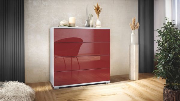 Vladon Kommode Pavos V3 (Sideboard, mit 4 Schubladen), Weiß matt/Bordeaux Hochglanz (76 x 76 x 35 cm)
