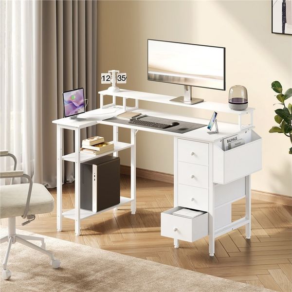 Yaheetech Computertisch L-förmiger Schreibtisch 120/140cm (B), mit Monitorhalterung & Steckdose & 4 Schubladen & Aufbewahrungstasche