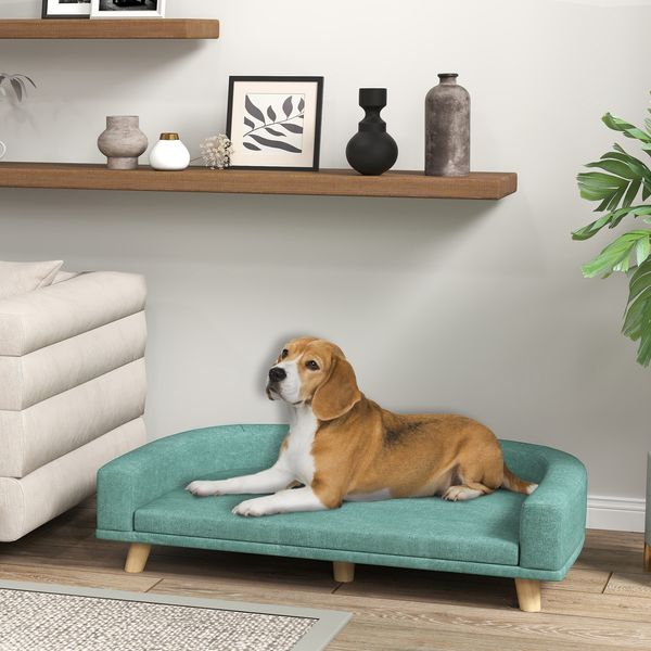 Hundesofa mit Kissen, 98 x 67 x 25 cm, Grün, erhöht mit Kiefernholzbeinen