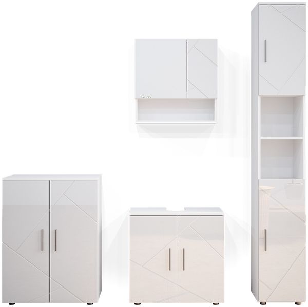 Badmöbel-Set Irma Weiß Hochglanz 4 Teile, mit Hochschrank und Kommode Vicco