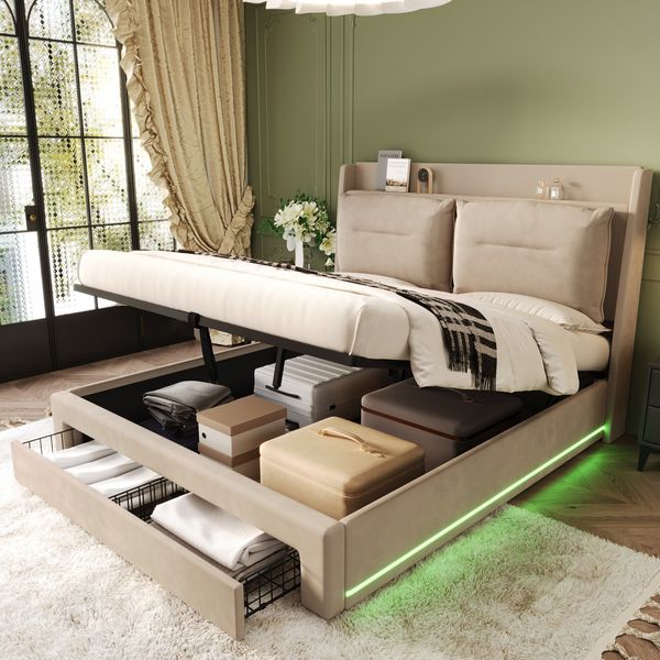 Polsterbett 180×200 cm aus Samt-Stoff mit LED-Beleuchtung und Stauraum, beige