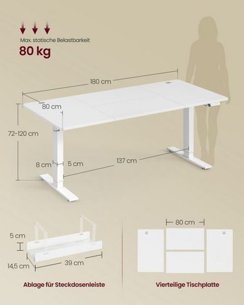 VASAGLE Höhenverstellbarer Schreibtisch, 180 x 80 cm, USB-C-Anschluss, Ablage für Steckdosenleiste, Stehtisch, Erinnerung bei langem Sitzen, 3 Speichertasten, für Büro, mattweiß Bild 5