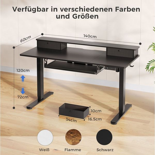 HOMALL Schreibtisch Höhenverstellbarer Schreibtisch mit Schublade, Schülerschreibtisch (140CM Mit 2 Stofbehangen 3 Spaicherpositionen fur die Hohe + Erinerung beilangem Sitzen. 2 Haken, Tastaturablage,maximale Belastbarkait 7o kg,ostern geschenke)