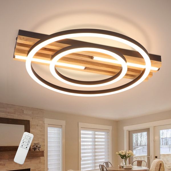 ZMH LED Deckenleuchte Dimmbar Holz Deckenlampe: 2/3-Ringen WohnzimmerlampeLED fest integriert, 3000-6500K, Schwarz Deckenbeleuchtung mit Fernbedienung Design
