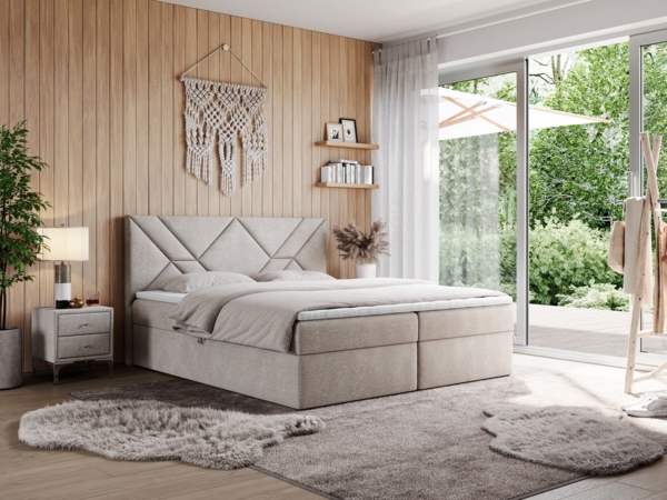 Boxspringbett, Polsterbett mit Multipocket-Matratzen und Topper, dekorativem Kopfteil, zwei Bettkästen - NEOMI - 200 x 200 cm - Beige Stoff - H3
