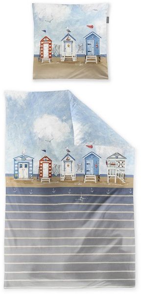Irisette Wave Mako-Satin Bettwäsche 135x200 Strandhaus Ufer Streifen blau 8650-20
