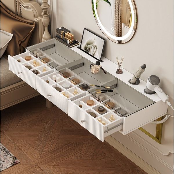 OKWISH Schminktisch Hängender Schminktisch (mit 3 Schubladen, Glasplatte & Tablethalterung – stilvoll für Schlafzimmer, Jugendzimmer & Beauty-Fans, 1-St, 120×40×45 cm)