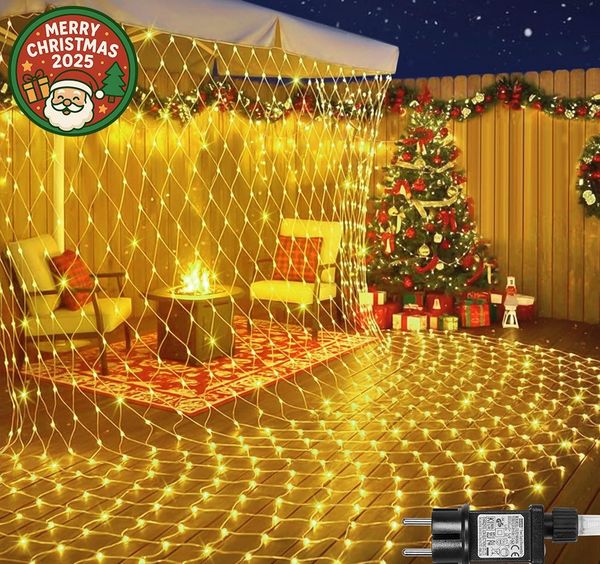 MERRY 2026 LED-Lichternetz mit 8 Modi,31V Sichere LED Lichterkette Netz für Weihnachtsdeko, 2x2M 144LEDs, Lichtnetz für Büsche Garten Balkon Fenster