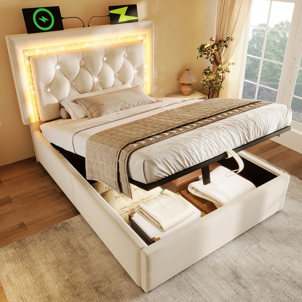 Polsterbett Einzelbett, mit LED-Diamantband im Kopfteil USB Type-C Ladestation hydraulischem Bettkasten Stauraum modernes Jugendbett Lattenrost ohne Matratze, Samt, Beige, 90 x 200 cm