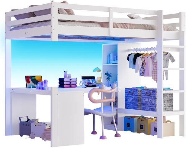Hochbett 140x200 mit Multifunktionsregalen, Unterbettschreibtisch, LED-Licht und USB, Weiß