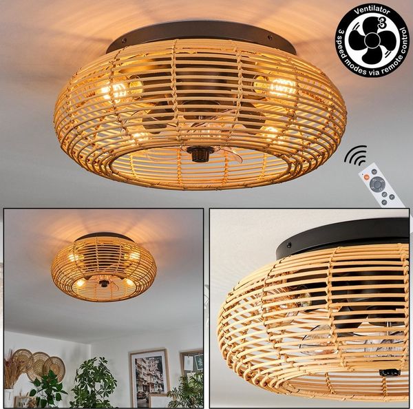 hofstein Deckenleuchte Deckenventilator mit Beleuchtung aus Metall/Bambus, Fernbedienung, ohne Leuchtmittel, Auf-/Abwind-Funktion, Lichteffekt, Ø 50cm, 4x E27, ohne Leuchtmittel