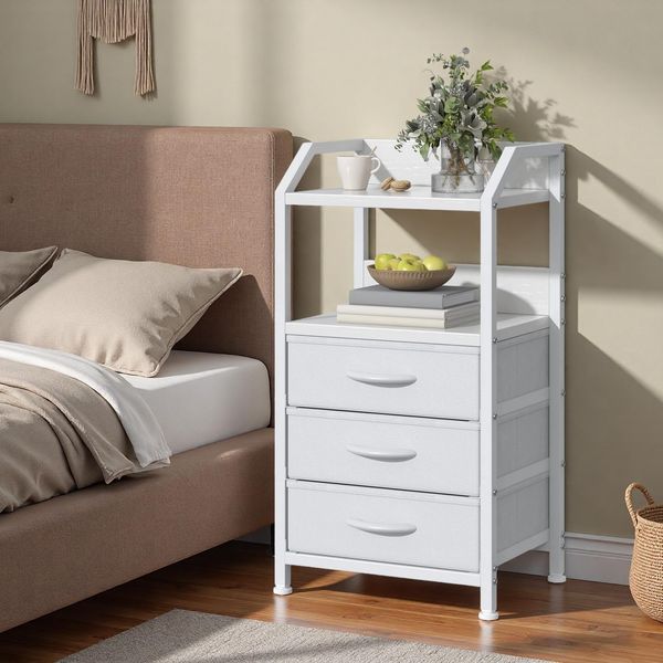 Feonase Nachttisch mit 3 Schubladen, Kleine Kommode & Beistelltisch, 2-Fach MDF-Nachtschrank mit offenem Fach, moderner Side Table für Schlafzimmer, Wohnzimmer, Weiß