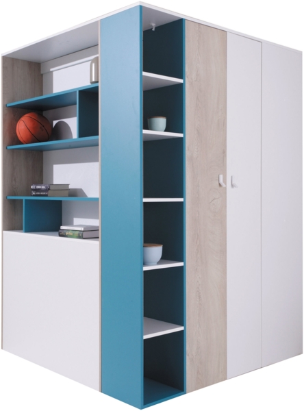 Eckkleiderschrank Cinga 01 L / P (Farbe: Weiß / Eiche + Marineblau, mit weißer LED Beleuchtung)