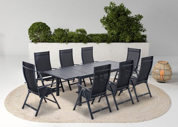 KONIFERA Garten-Essgruppe Palermo, (Set, 9-tlg, 8x Sessel, 1x AZ-Tisch 160-240x100 cm, Aluminium, Textilgewebe), klappbar, 7-fach verstellbare Rückenlehne, Tischplatte aus Alulatten