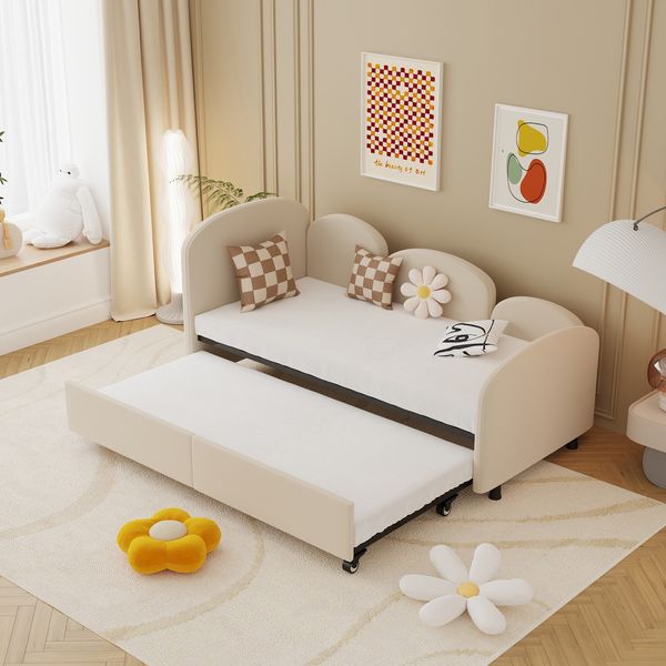 Kinderbett Blumenform, Kinderbett aus Samtstoff mit Sicherheitsrand, Massivholzrahmen, ausziehbare Schublade 90x200cm,Beige