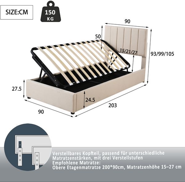 Kinder-Polsterbett 90x200 mit hydraulischem Stauraum, verstellbarem Kopfteil, Leinenbezug, Stauraumbett für Jungen & Mädchen Bild 4