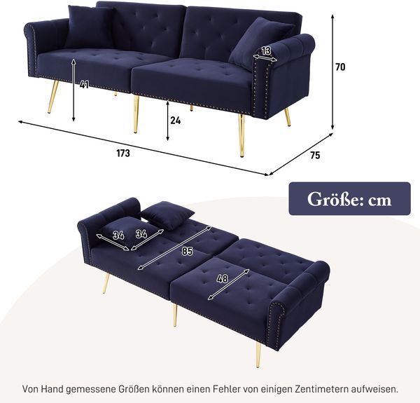 Schlafsofa, Samt mit 3-fach verstellbarer Rückenlehne, Liegefläche 147x85 cm, Antikblau Bild 10