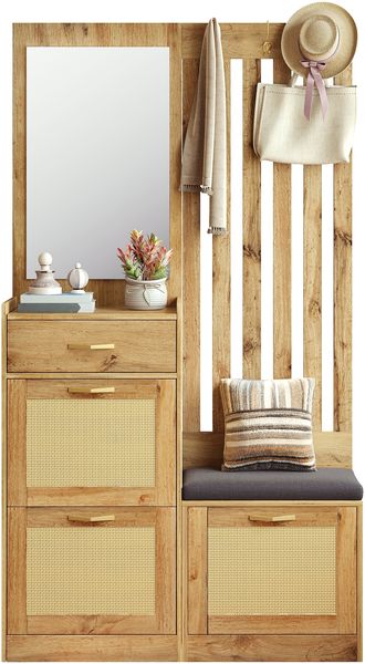 Kompaktgarderobe mit Spiegel und Sitzbank,Flurgarderobe mit Schuhschrank und Haken, Kleiderhaken,Flurmöbel Set,Flurgarderobe.(Not a one-piece product, holes need to be drill on the wall)