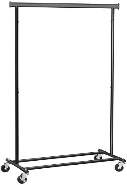 Songmics Schwerlast-Kleiderständer auf Rollen, bis 90 kg belastbar, mit ausziehbarer Kleiderstange, zusammenklappbares Unterteil, Ablage für Boxen, Stahl schwarz, (92-132) x 45,4 x 160 cm