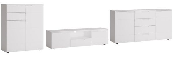 Wohnzimmer-Set Paris Wohnwand 3-teilig weiß Hochglanz grifflos