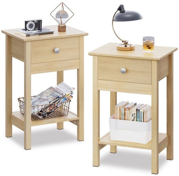 WLIVE Nachttisch Nachttisch mit Schublade und Ablage, Beistelltisch Holz 40×30×60,6cm (2er-Set), offene Ablage