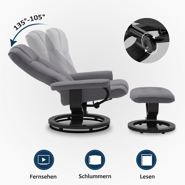 M MCombo Relaxsessel mit Hocker, 360°drehbarer Fernsehsessel mit Liegefunktion, bis 120 Kg belastbarer TV-Sessel, moderner Ruhesessel für Wohnzimmer, Kunstleder, 9019 (Grau-Mikrofaser) Bild 4