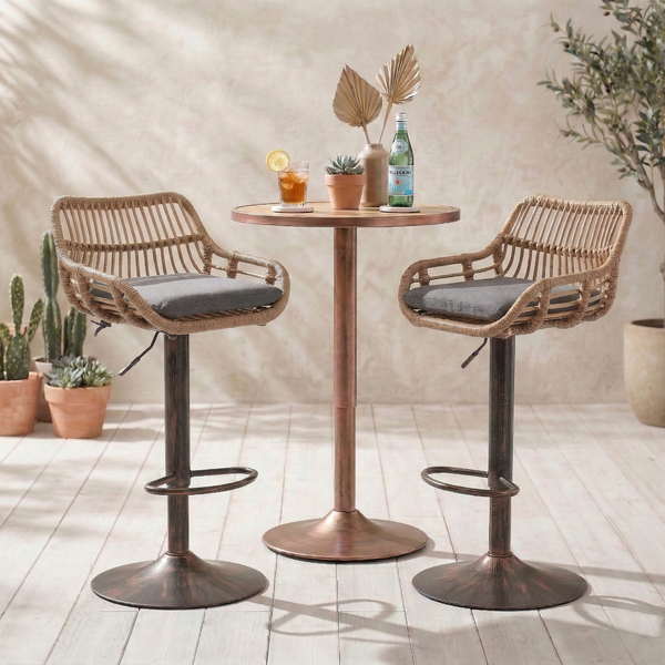 LVHOM Rattan Barhocker 360° drehbar, 2er Set, Höhenverstellbarer Tresenhocker mit Kissen, Boho Barstuhl für Küche, Terrasse, Garten