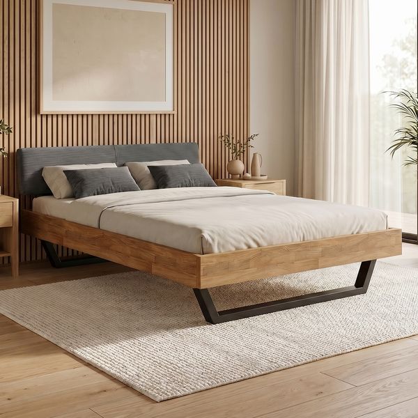 skølm 'Alver' Bett 140x200 cm mit Kopfteil Cord, anthrazit, Massivholzbett natur geölt mit Metallkufen, Doppelbett mit Bettkopf