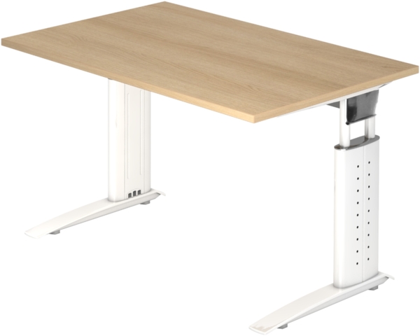 bümö höhenverstellbarer Schreibtisch U-Serie 120x80 Eiche, Gestell in weiß - PC Tisch klein für's Büro manuell höhenverstellbar, Computertisch verstellbar, US-12-E-W