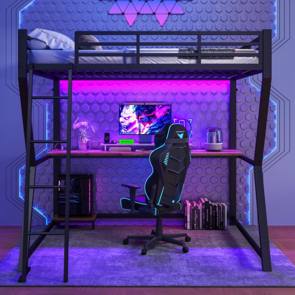 Hochbett 140×200 cm mit Schreibtisch, Computer-Host-Ablage, LED-Lichtleiste fernbedienbar, integrierte Steckdosen & USB,Schwarz