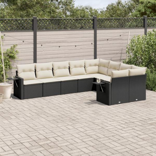 vidaXL 9-tlg. Garten-Sofagarnitur mit Kissen Schwarz Poly Rattan 3220635