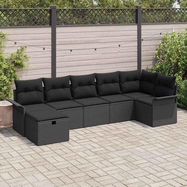 vidaXL Garten-Sofa-Set mit Kissen 7 pcs Schwarz Poly Rattan 3360234