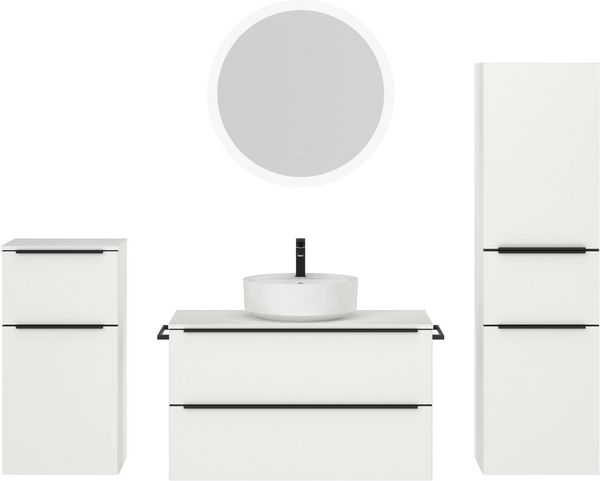 nobilia® Badmöbel-Set Alvene, (4-St, vormontiert, mit Soft-Close), inkl. Spiegel mit Touch-Sensor, in vier Breiten