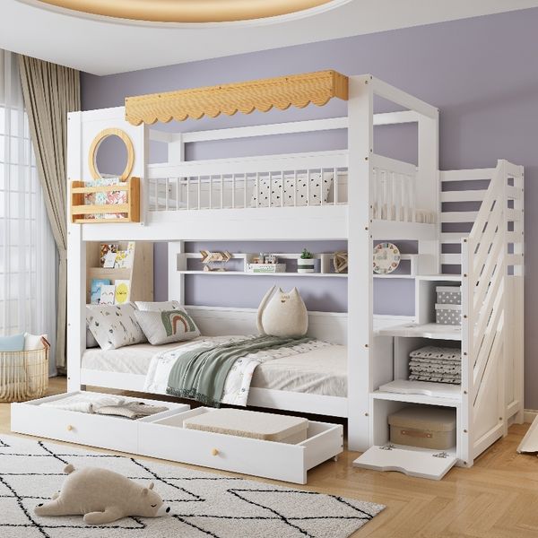 Novelux Etagenbett 90x200 cm mit Treppenschrank und Stauraum – Kiefer/MDF Weiß Natur, 2 Schubladen, Regal, Absturzsicherung, ohne Matratze