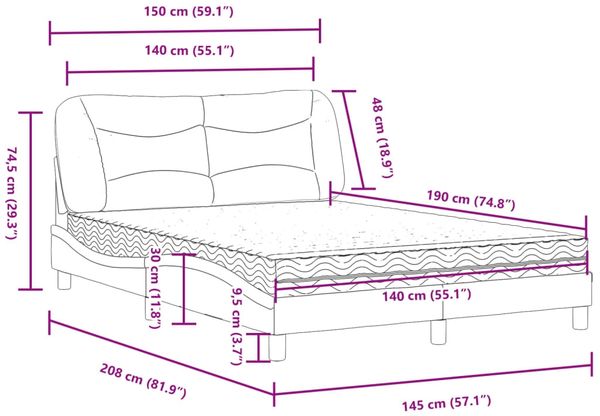 vidaXL Bett mit Matratze "Hvar" Schwarz und Weiß 140x190 cm Kunstleder 3208722 Bild 12