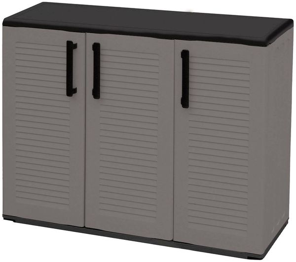 Dmora Aranka Outdoor-Garderobe, Mehrzweck-Balkonschrank, 3-türiger Outdoor-Kleiderschrank, 100 % Made in Italy, 102 x 37 x 84 cm, Grau und Schwarz, gestreifte Oberfläche
