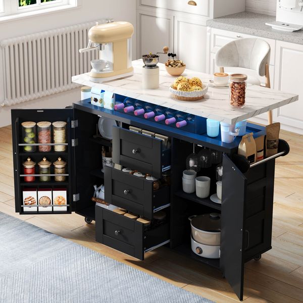 Merax 138cm Mobiler Kücheninsel mit klappbarer Arbeitsplatte, Küchenwagen, 5 Rädern, Türregal, Weingestell und Glashalter, Schwarz