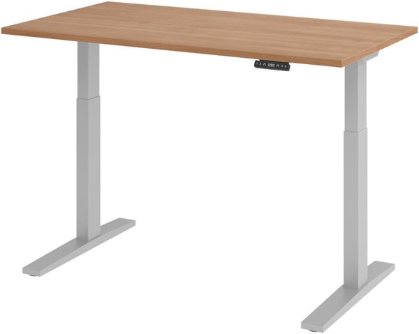 bümö elektrisch höhenverstellbarer Schreibtisch 140x80 cm in Nussbaum, Gestell silber - Sitz & Stehschreibtisch mit Memoryfunktion, elektrischer Stehtisch & Gaming Tisch, XMKA-Serie, XMKA14-N-S
