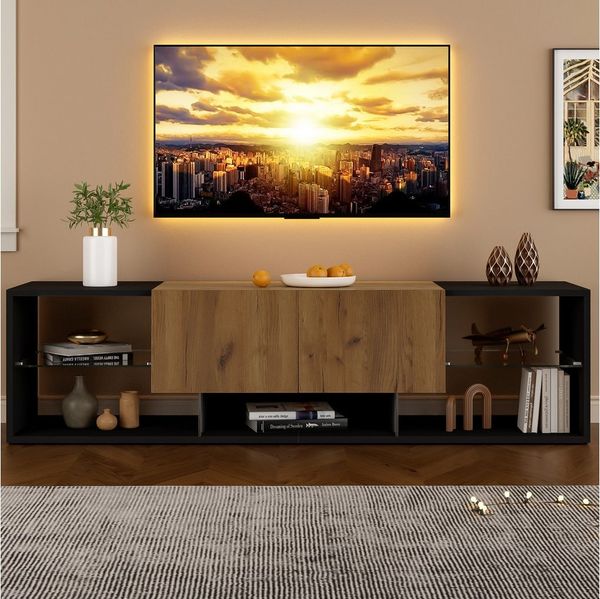 HAUSS SPOLE Lowboard mit Glasplatten-Aufbewahrungsplattform und 2 Schubladen, schwarz (Fernsehschrank, TV-Board, 1 St, Spanplatte), mit Glasplatten-Aufbewahrungsplattform und 2 Schubladen